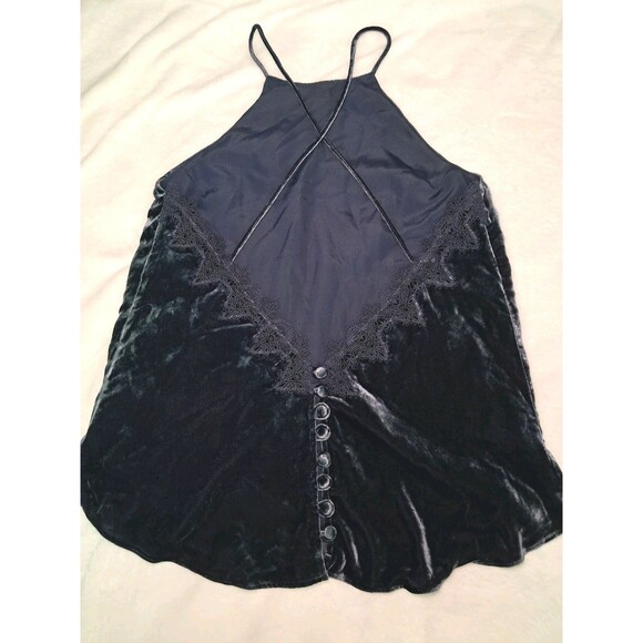 NEW Cami NYC Velvet Lace Button Halter Top Part Silk Dark Blue High Neck Size S - Picture 1 of 11